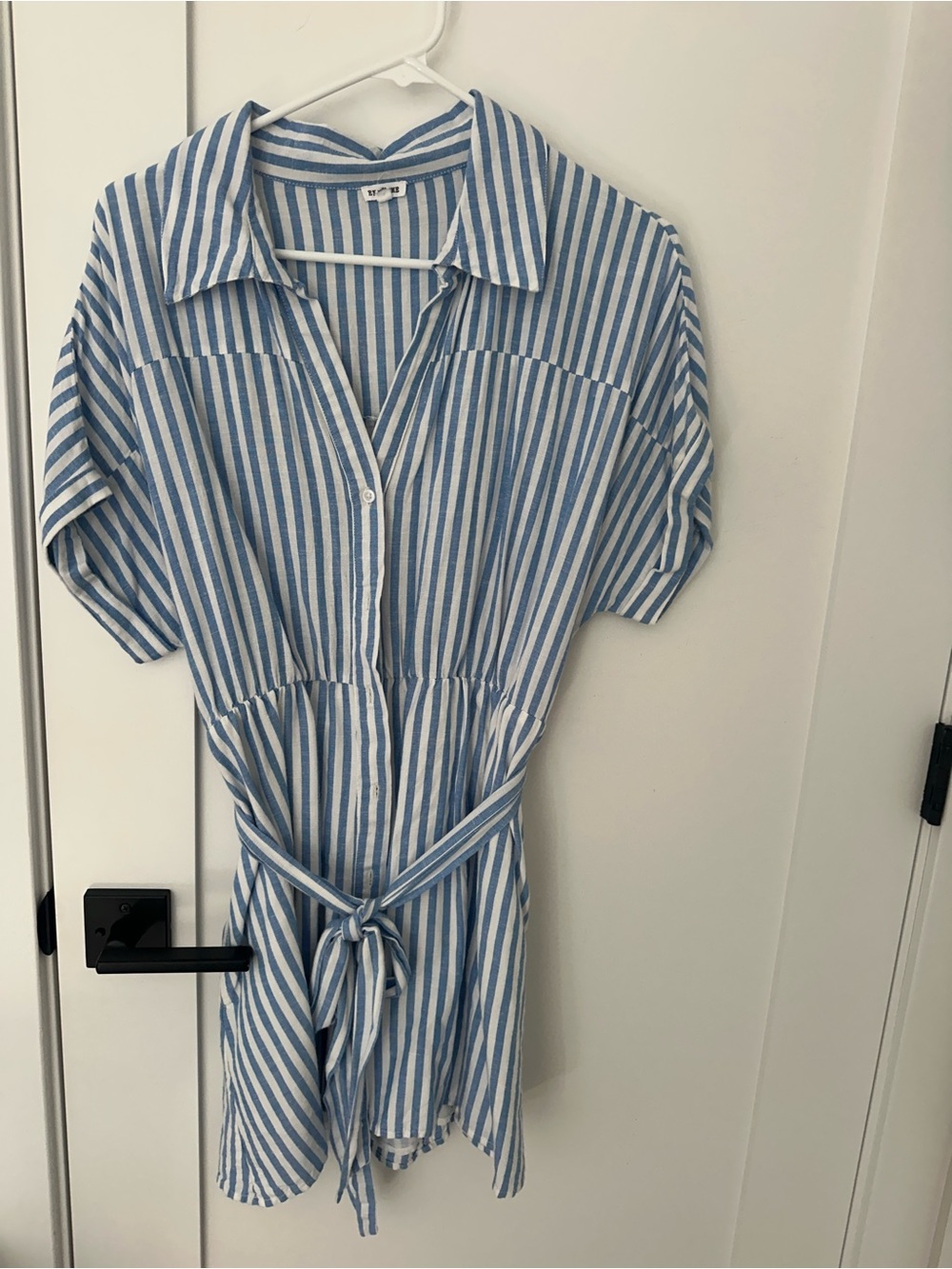 En Creme Blue and White Striped Shirt Dress with Waist Tie